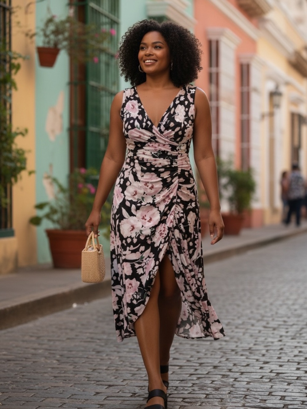Tommy Hilfiger Black Midi Dress‎ with Pink Floral Print
